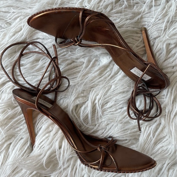 MaxMara Shoes - MaxMara Nerone Bronze Leather Open Toe Strappy High Heel Wrap Ankle Sandal 39.5